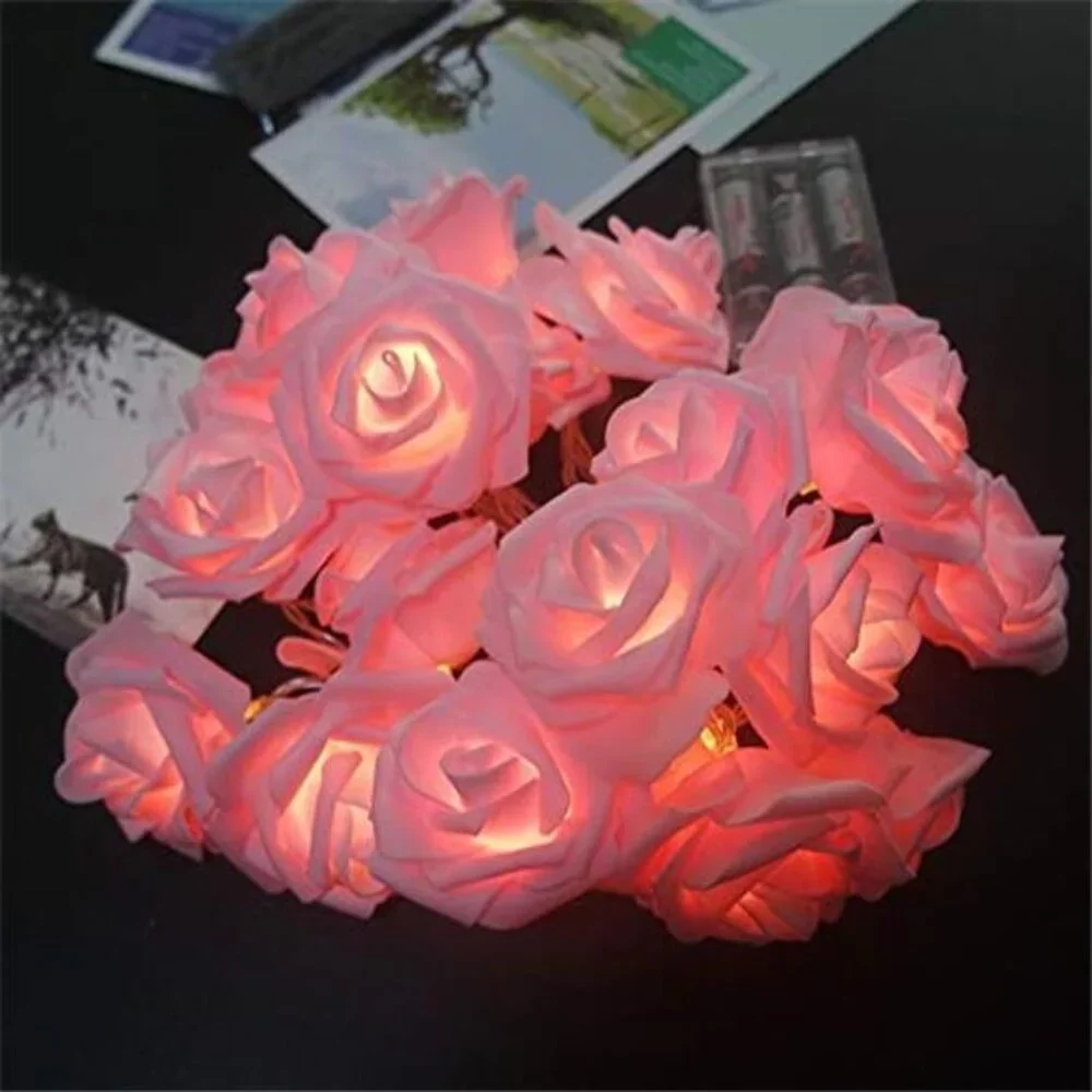 Pink Rose Flower String Lights Battery Operated Warm LED Wedding Party Decor